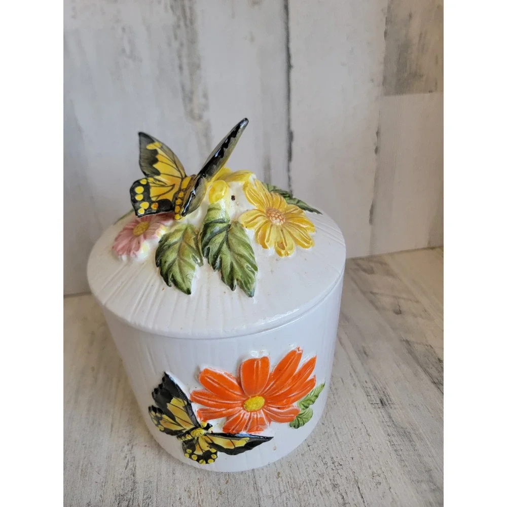 Vintage 3D butterfly kitchen canister jar unique floral home decor lidded - Picture 6 of 14